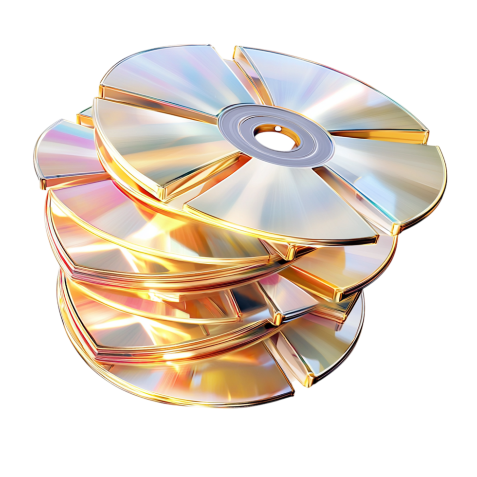 Stack of shiny compact discs reflecting colorful light png