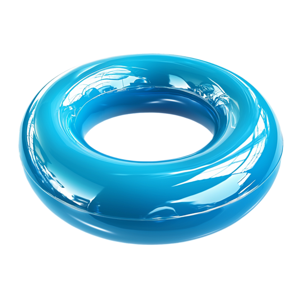 Shiny blue inflatable swim ring floating on a white png