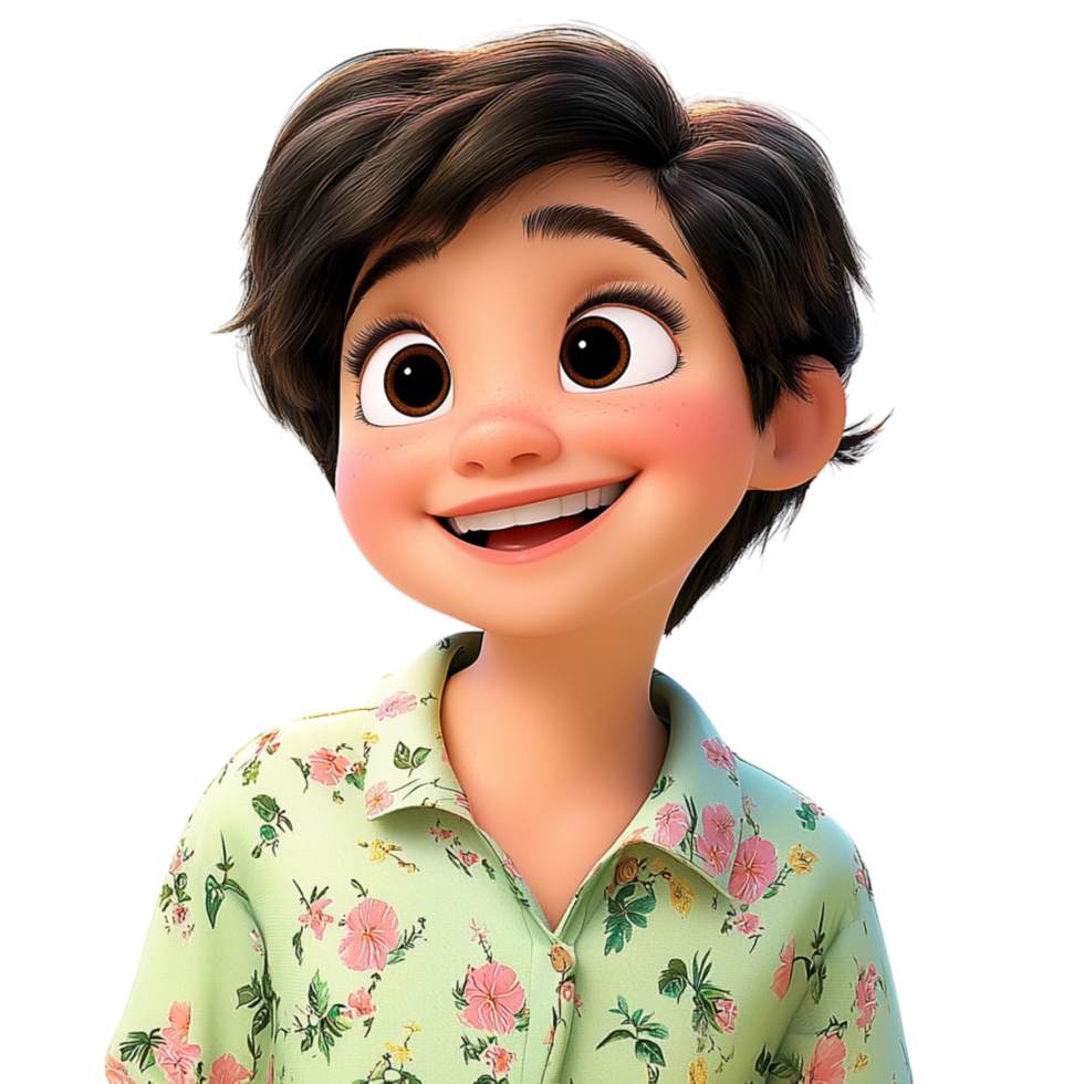 Cheerful young boy rk curly hair wearing a tropical shirt png