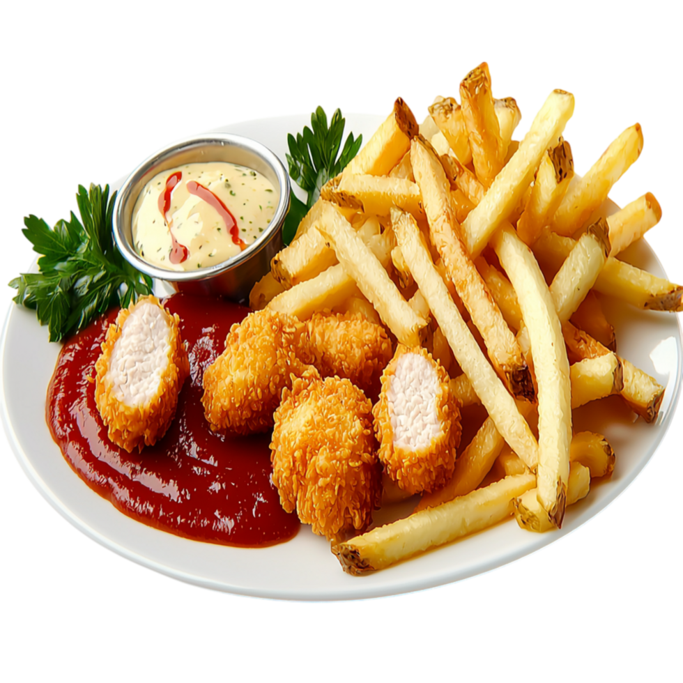 Crispy chicken nuggets golden french fries a tangy sauce png