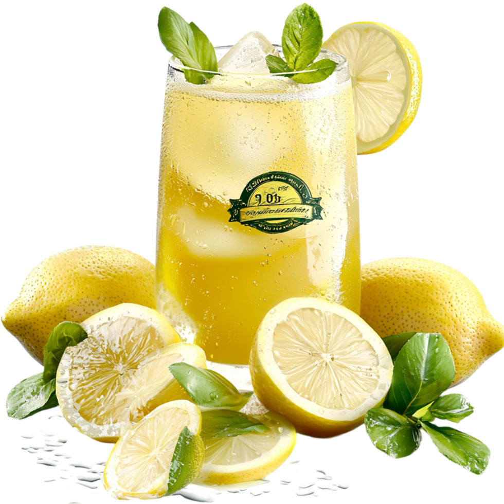 Refreshing glass of lemonade ice fresh mint sliced lemons png