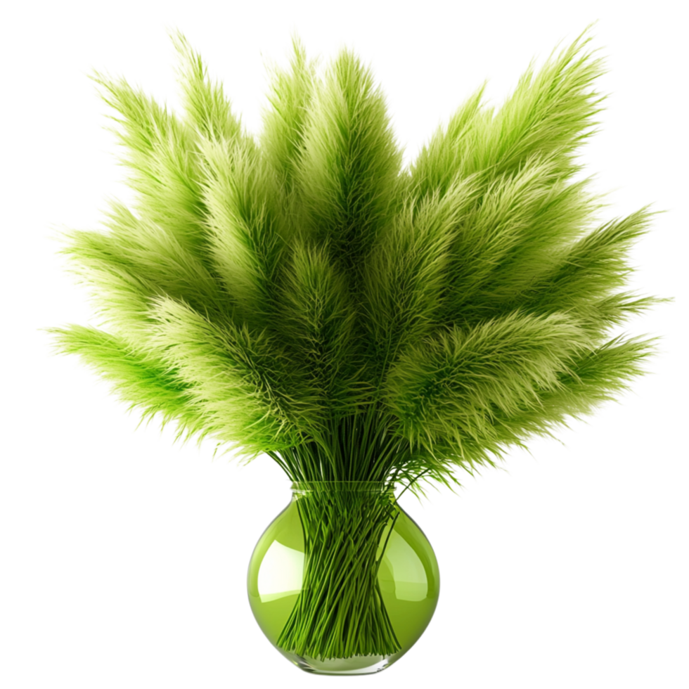 Fresh feathery green grass bouquet arranged in a round glass vase png