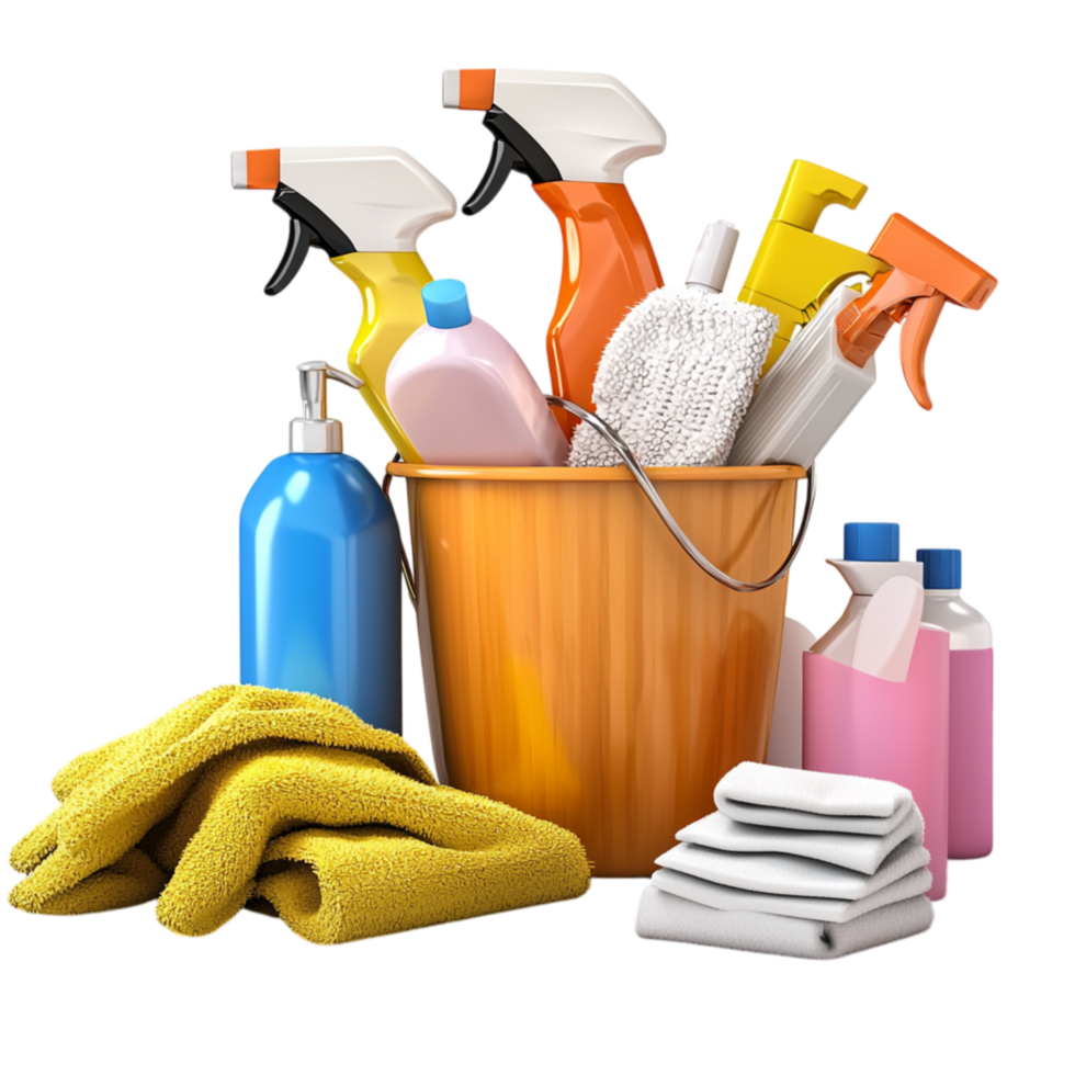 Essential cleaning supplies neatly arranged in a bucket colorful bottles png