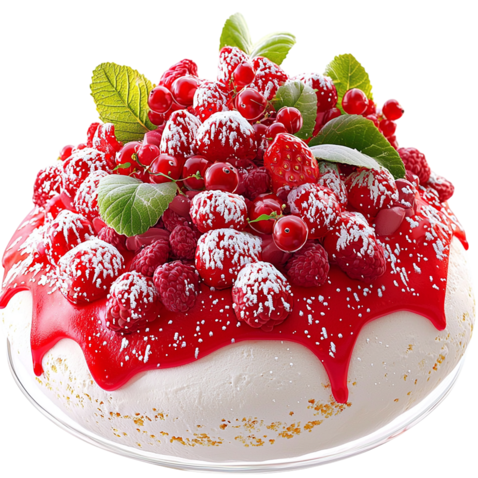 Mouthwatering cake topped red berries drizzled sweet syrup png