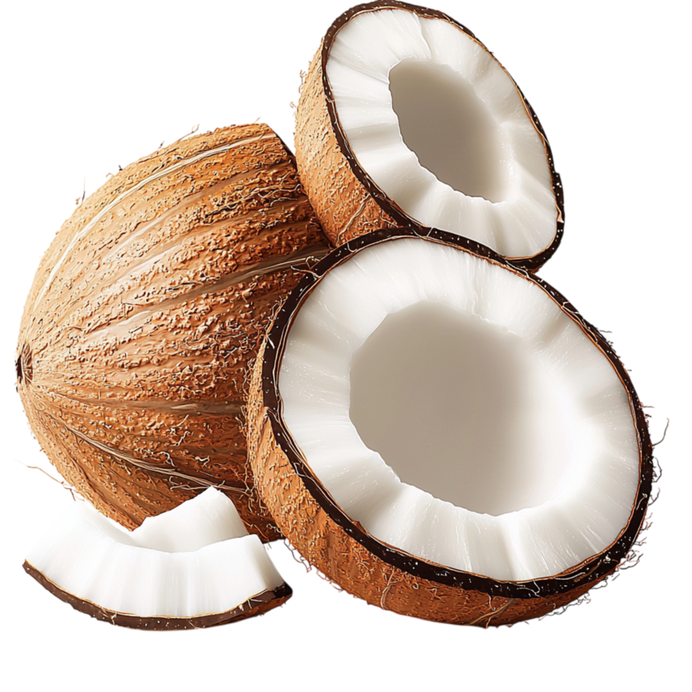 Whole cracked coconuts showcasing their rough shell white flesh png