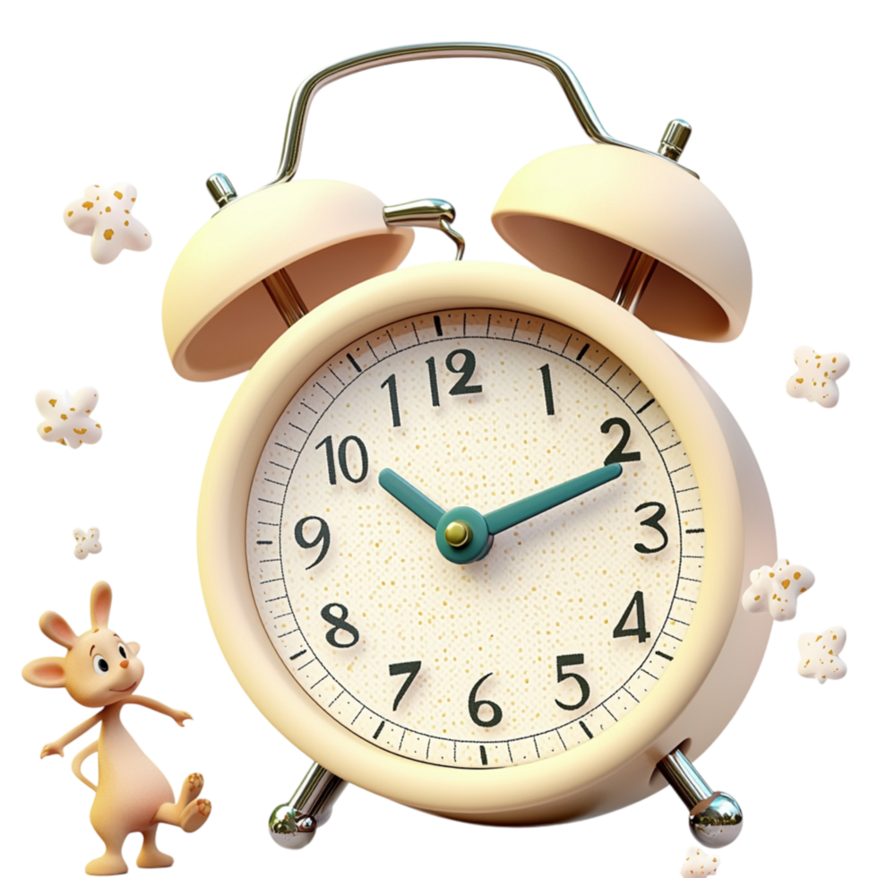 Vintage alarm clock tiny rabbits popcorn floating around png