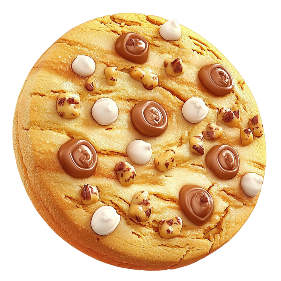 Delicious round cookie topped chocolate creamy white swirls png