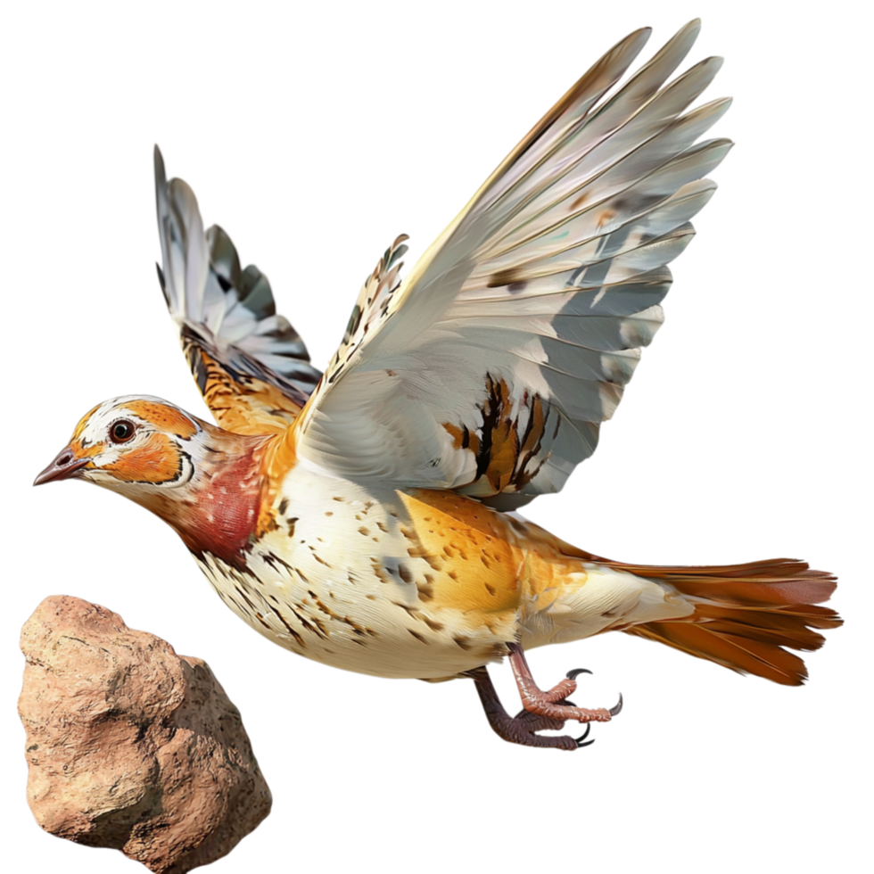 Small brown white bird in midflight carrying a tiny pebble in its beak png
