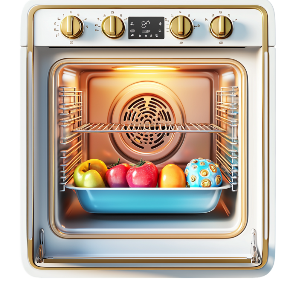 Modern electric oven a glass door baking colorful fruits treats inside png