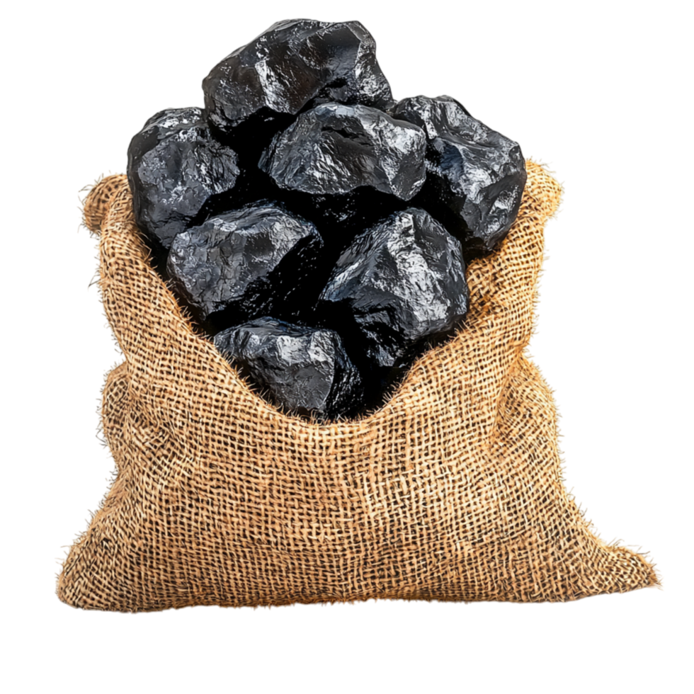 Large burlap sack filled rough black coal pieces spilling onto the ground png