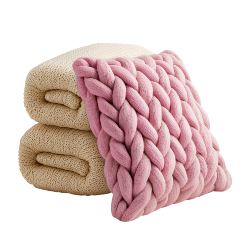 Cozy knitted blanket a soft pink cushion placed together png