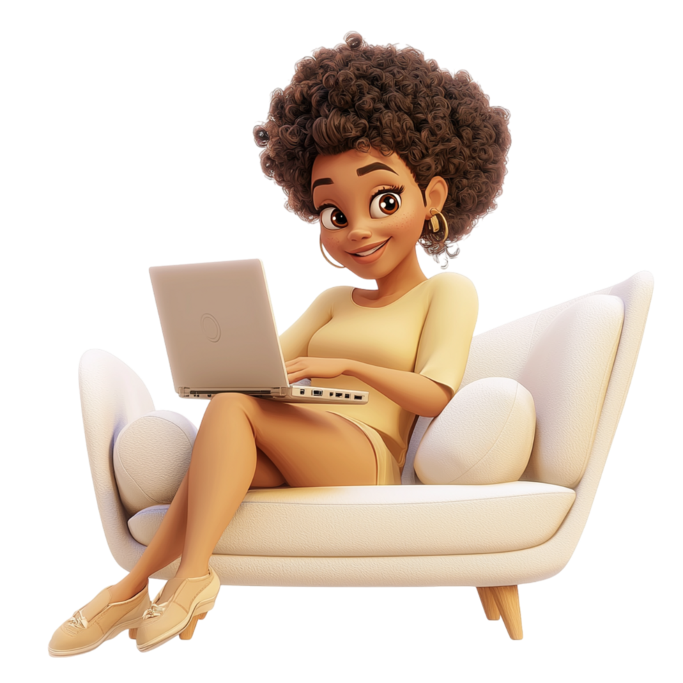 Smiling woman sitting on a couch using a laptop png