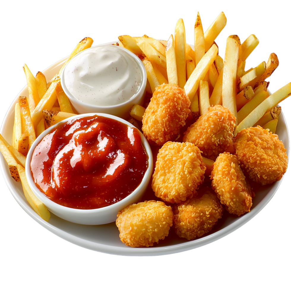 Crispy fried nuggets golden fries dipping sauces png