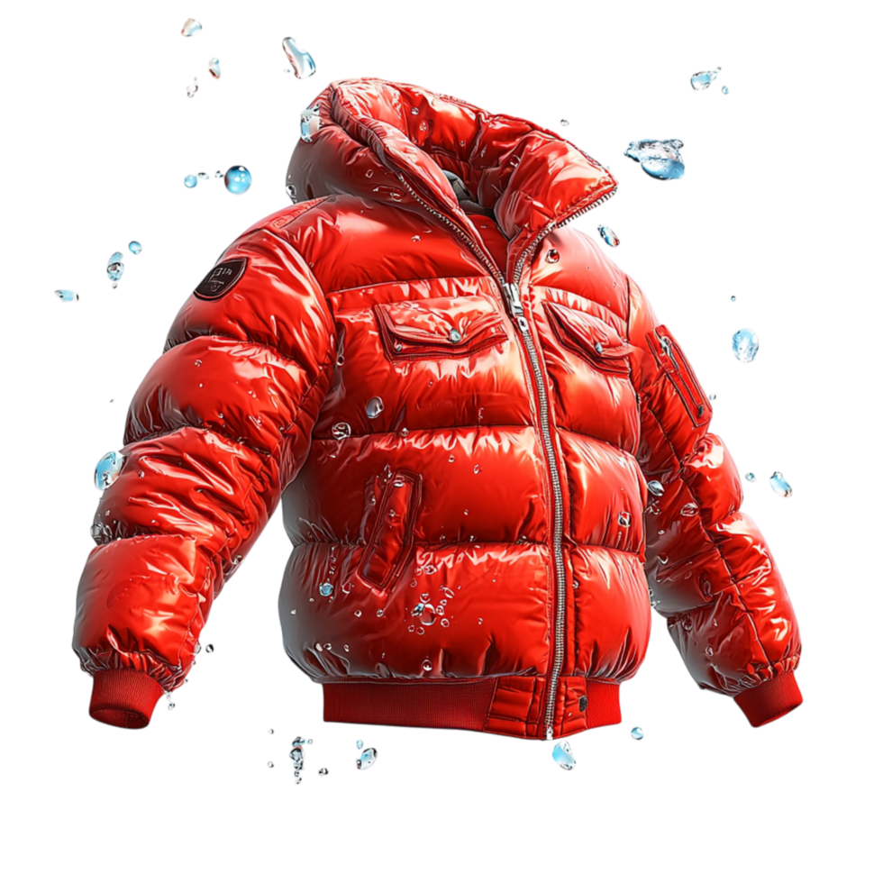 Shiny red puffer jacket floating water splashes png