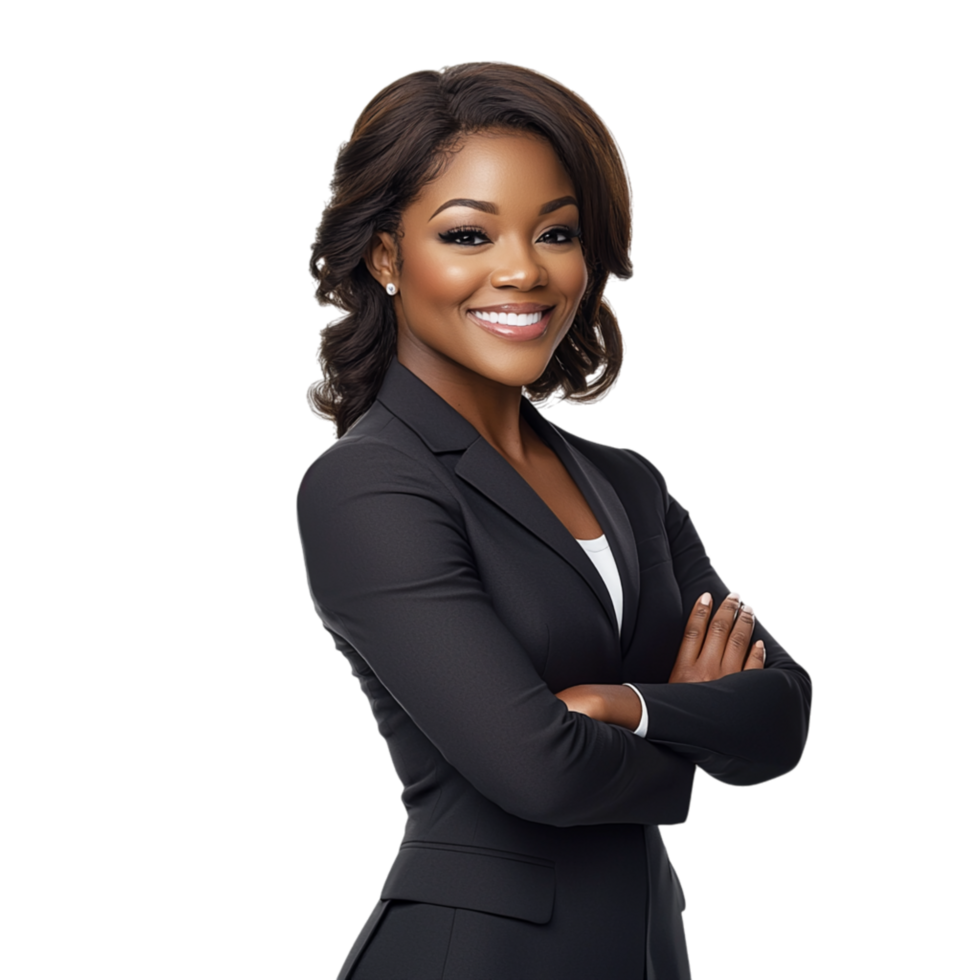 Confident businesswoman in a black suit folded arms png