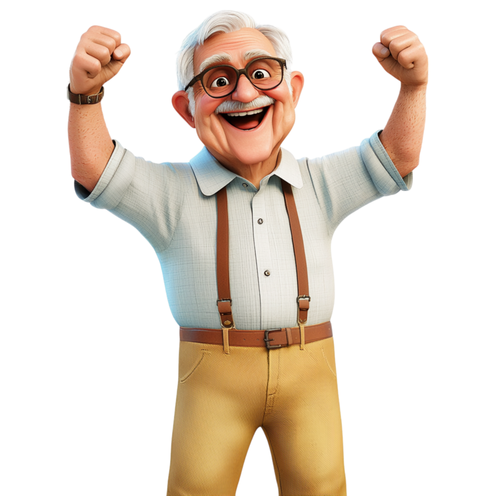 Happy elderly man glasses raising his fists png