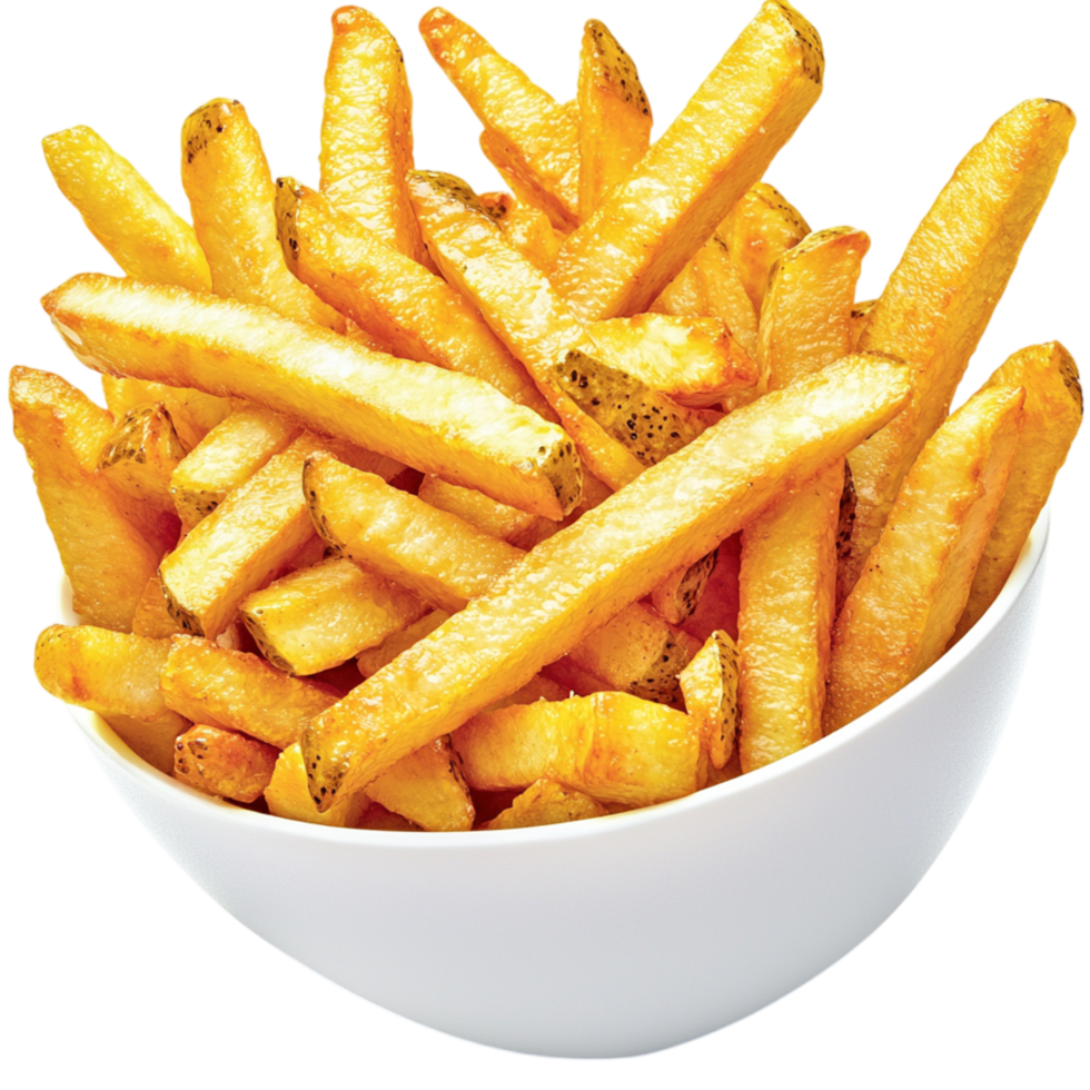 Crispy golden French fries served in a white bowl png