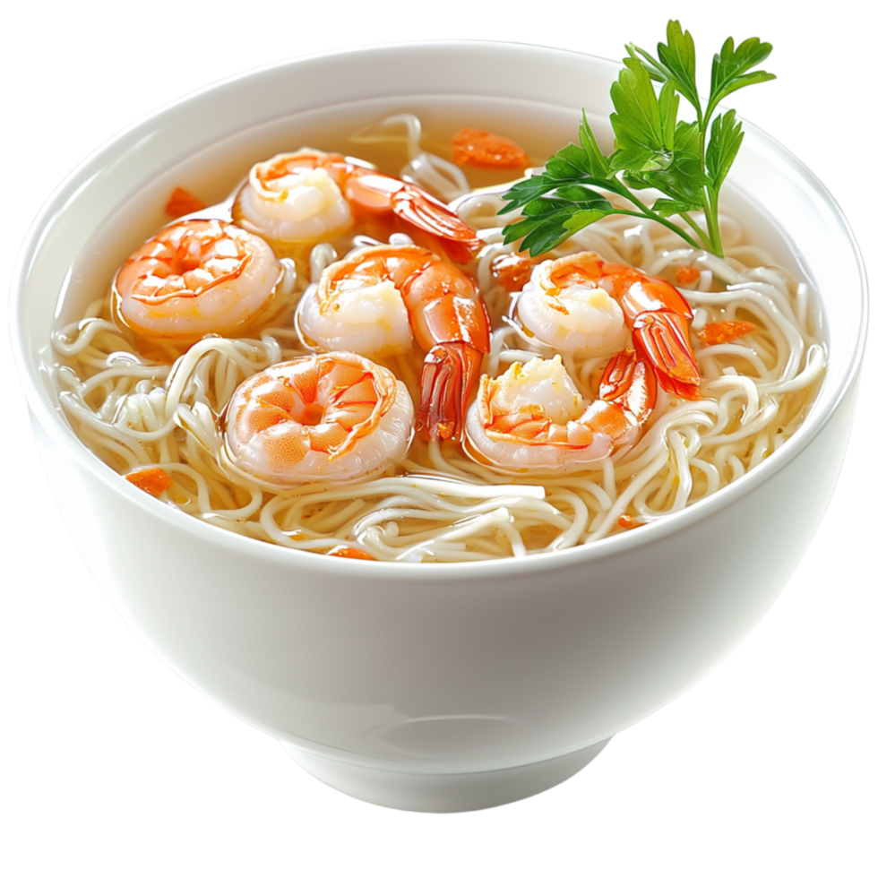 Bowl of shrimp noodle soup garnished fresh herbs png