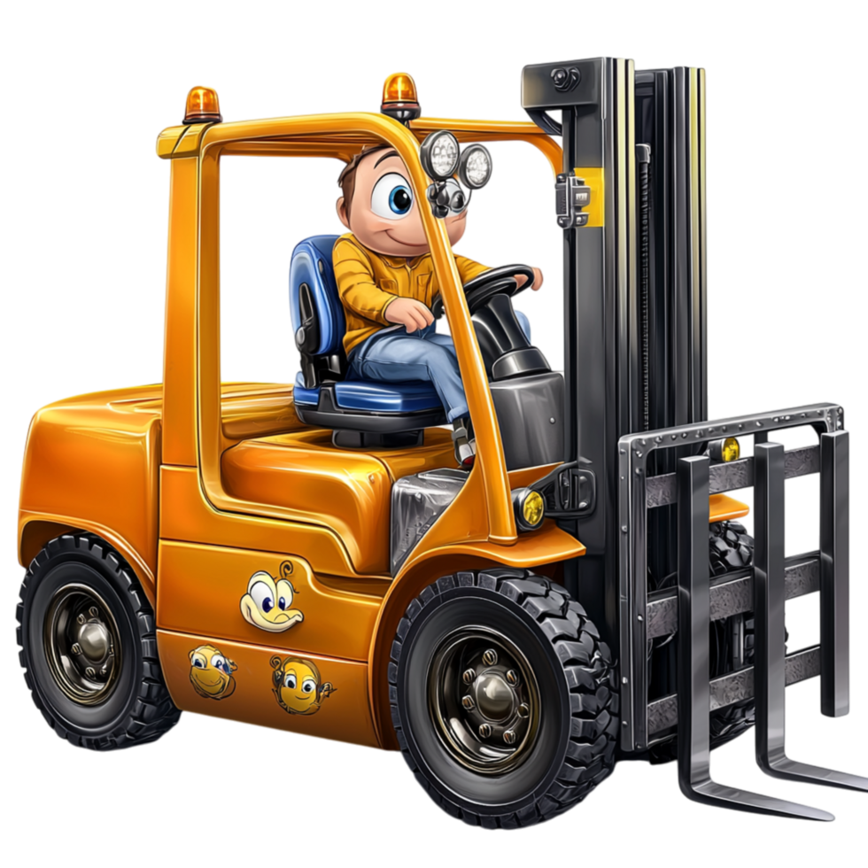 Animated worker driving a bright yellow forklift machine png