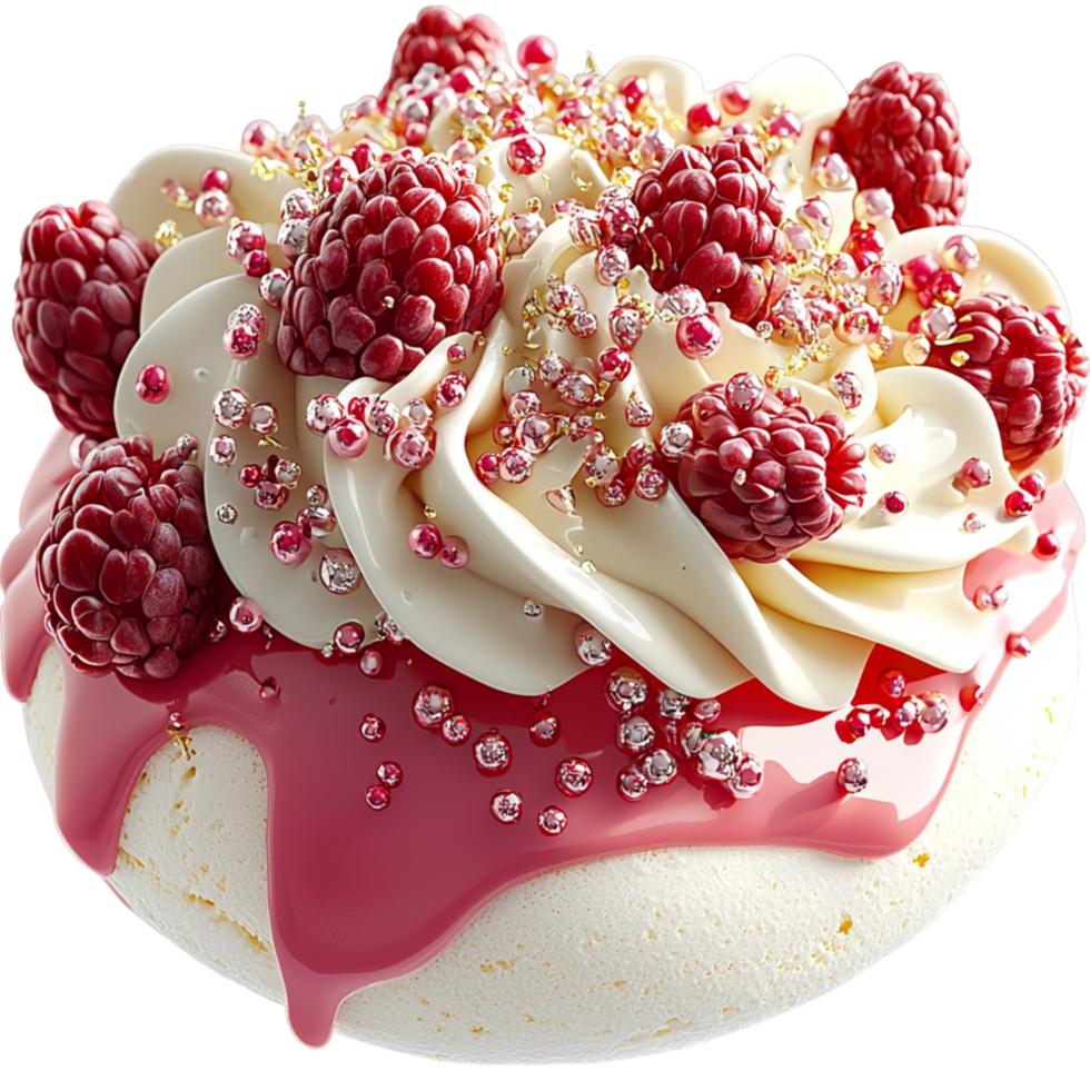 Mouthwatering dessert covered in pink icing raspberries png