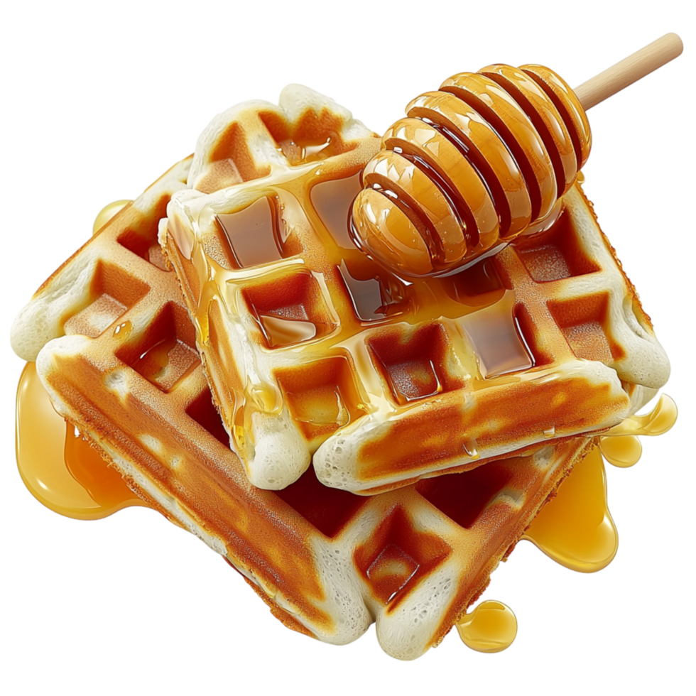 Crispy Waffles Drizzled Golden Honey a Wooden Dippers png
