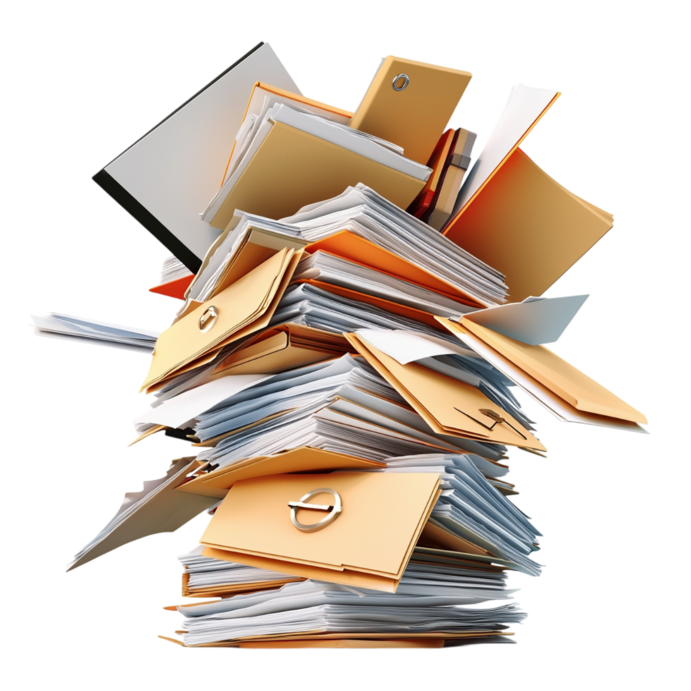 Towering Pile of Disorganized Paperwork, Folders, Scattered Documents png