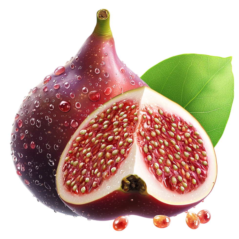Freshly Sliced Fig Juicy Red Pulp a Green Leaf png