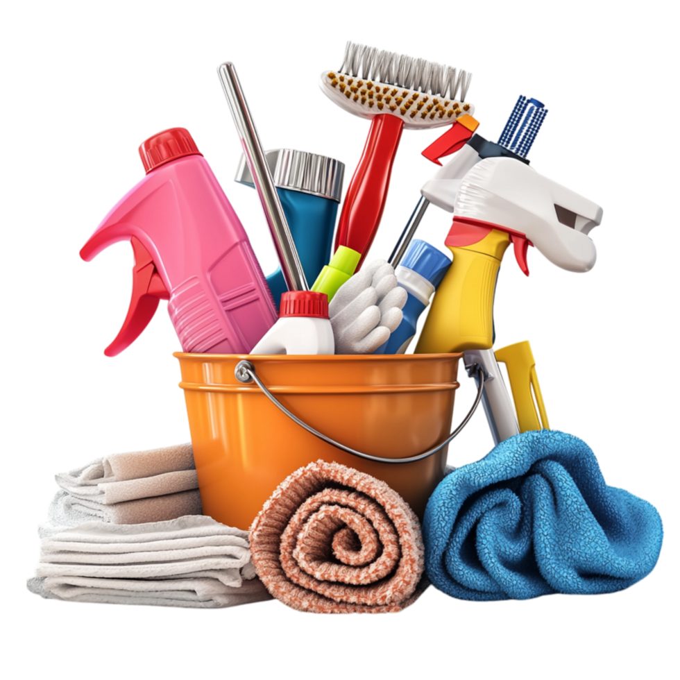 Orange Cleaning Bucket Filled Various Household Supplieses png