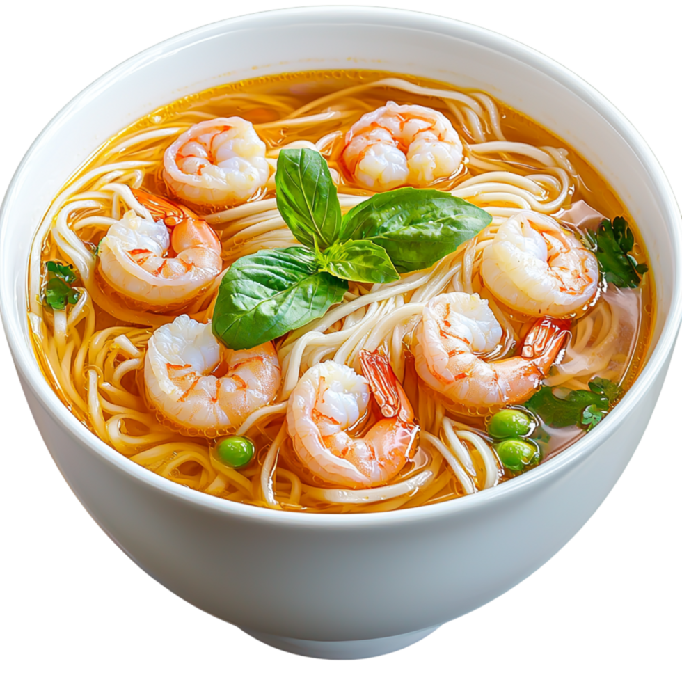 Bowl of Shrimp Noodle Soup Garnished Fresh Herbses png