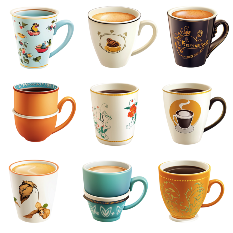 Assorted Coffee Cups Filled Different Types of Coffeees png
