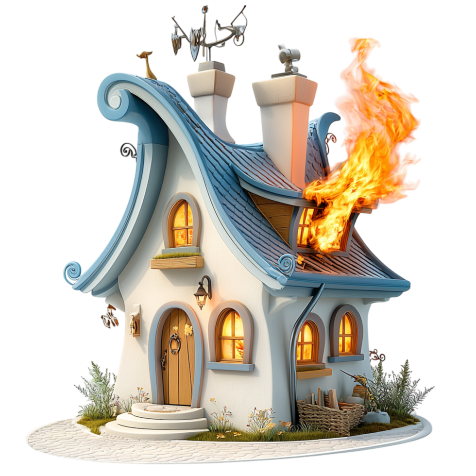 Fairytale house a fire blazing on the roof png