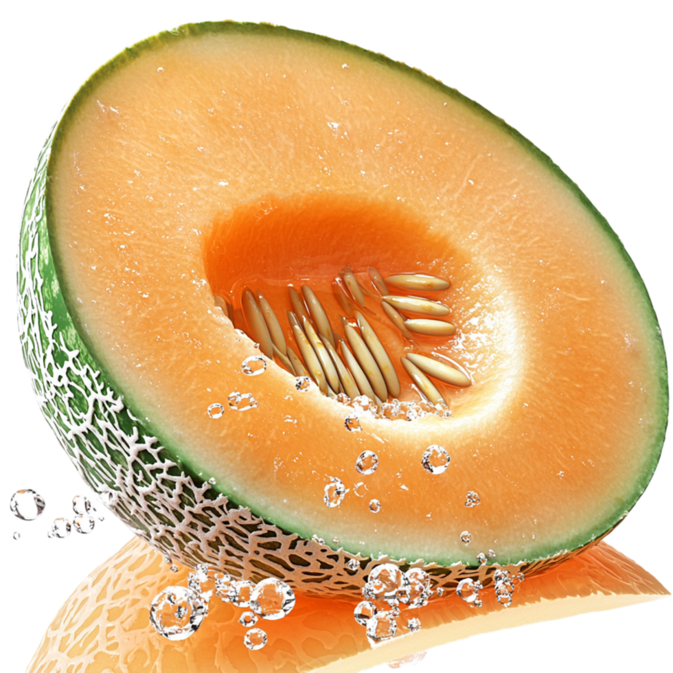 Fresh cantaloupe melon sliced in half visible seeds png