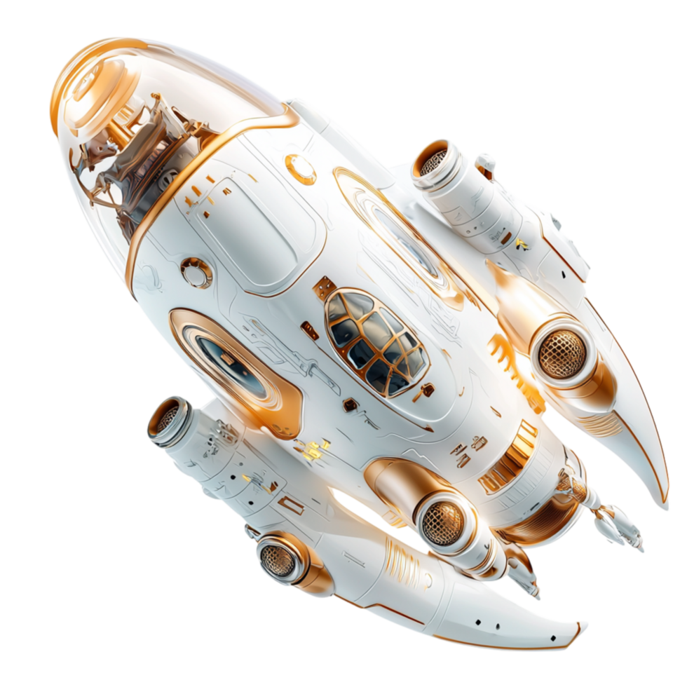 Futuristic white gold spaceship flying through space png