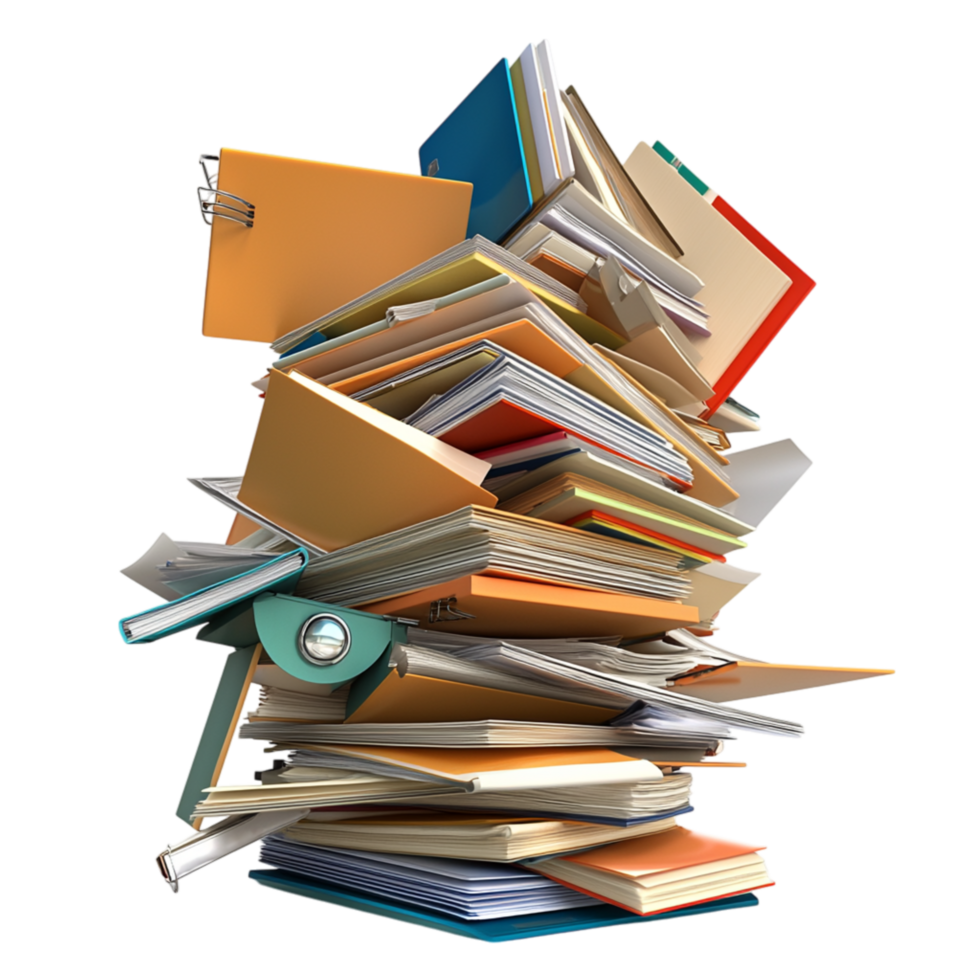 Towering stack of books papers office supplies png
