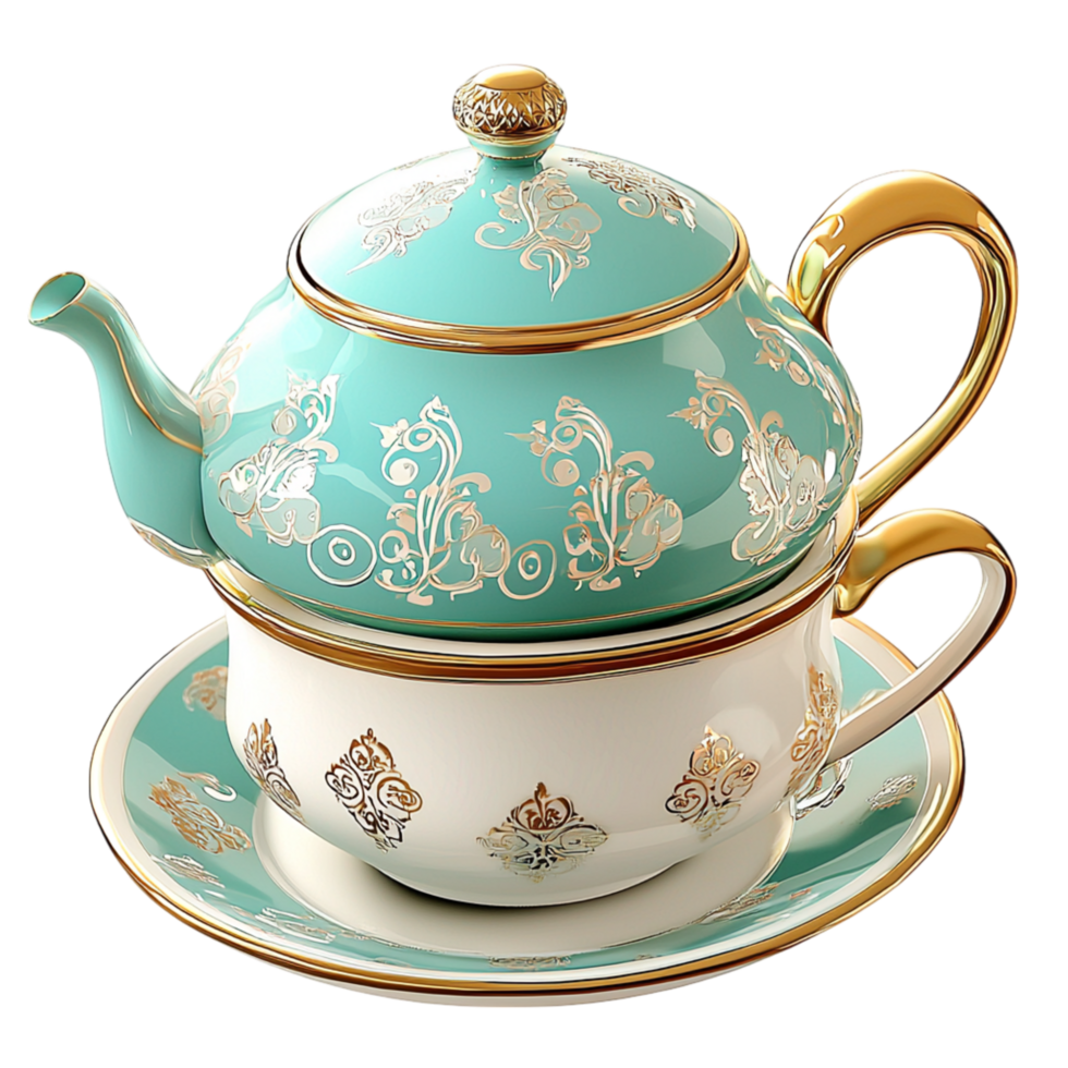 Elegant teal gold teapot set intricate details png