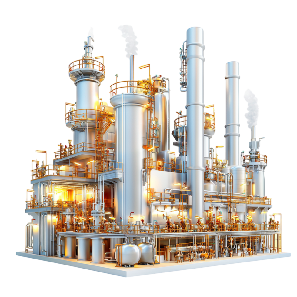 Large industrial oil refinery multiple chimneys png