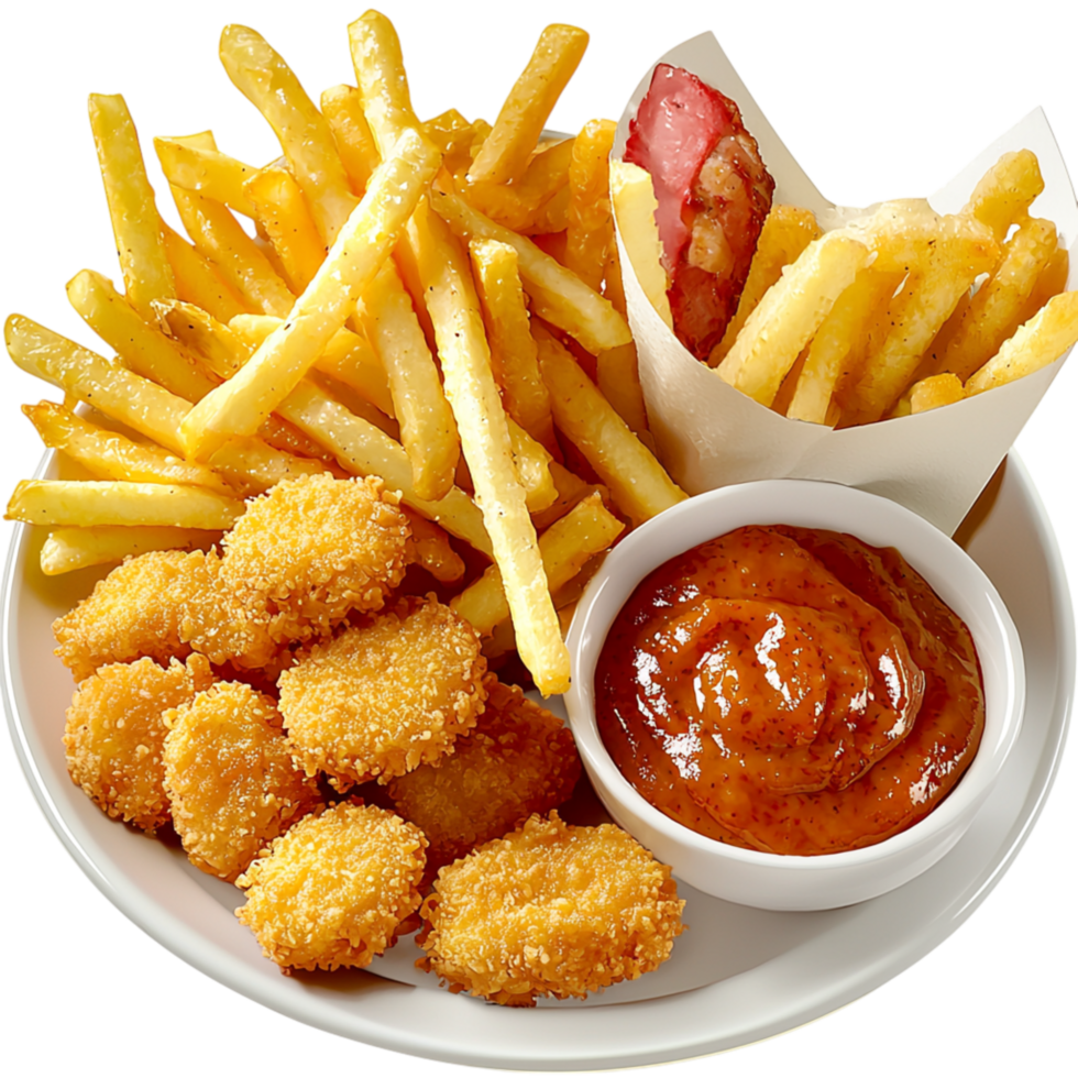 Crispy golden french fries nuggets dipping sauce png