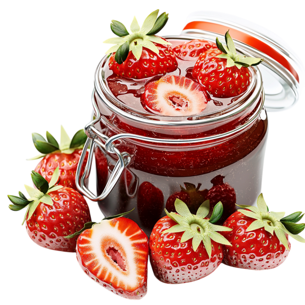 Glass jar filled fresh homemade strawberry jam surrounded by ripe strawberries png