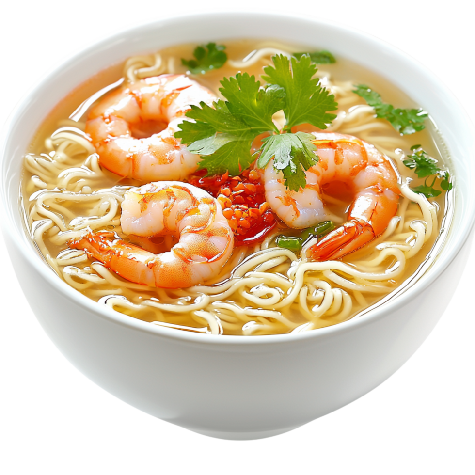 Delicious bowl of shrimp noodle soup garnished fresh cilantro broth png