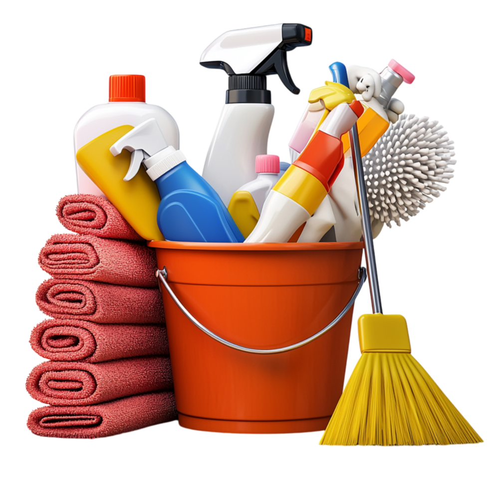 Bright orange cleaning bucket filled various cleaning supplies tools png