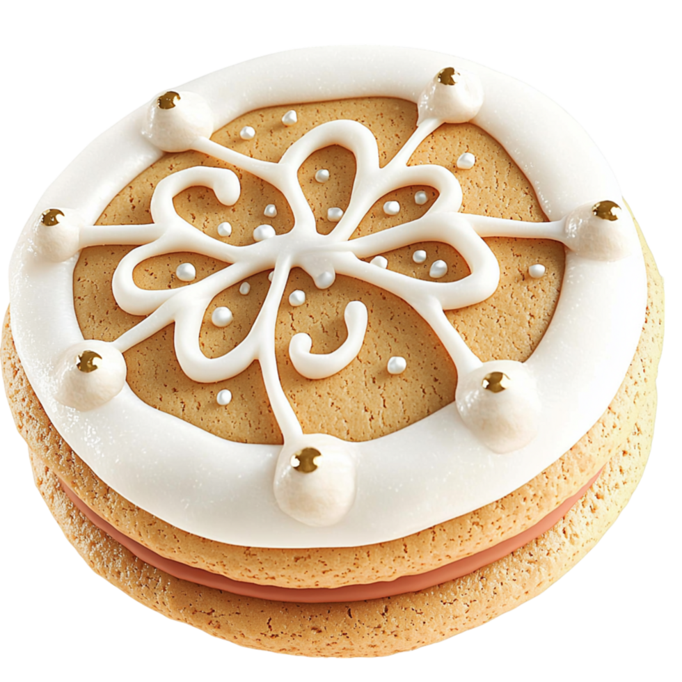 Beautifully decorated round cookie white icing intricate patterns png