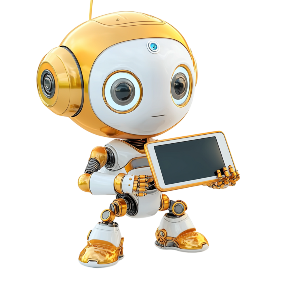 Friendly yellow white robot holding a digital tablet in one h png