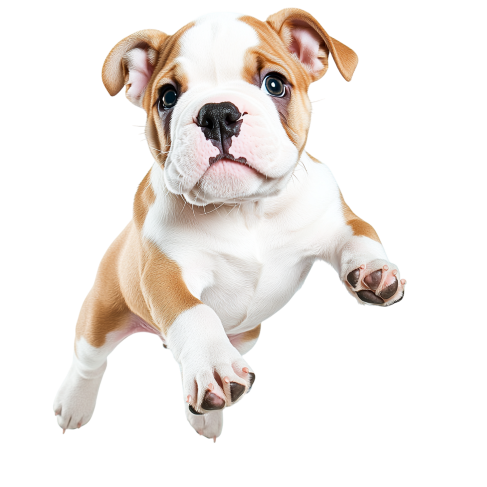 Playful bulldog puppy jumping forward its ears flopping png