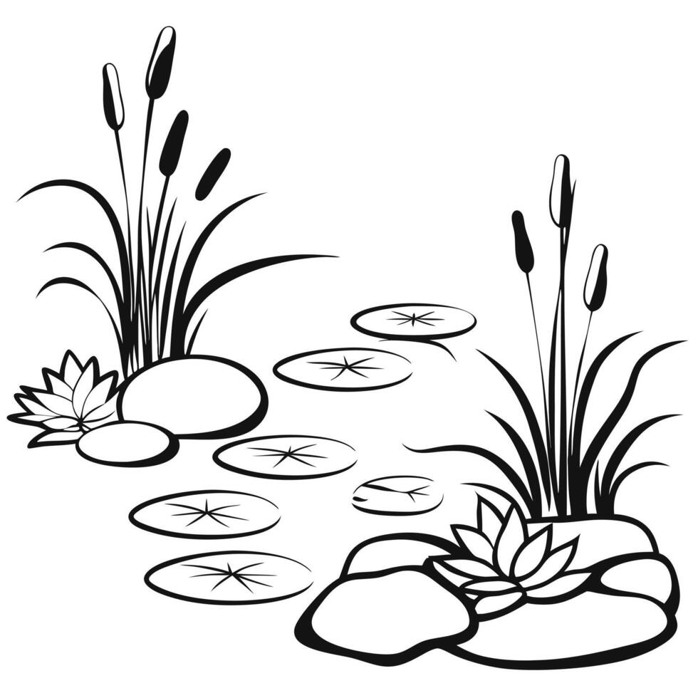 Pond scene serene black and white artistic illustration vector