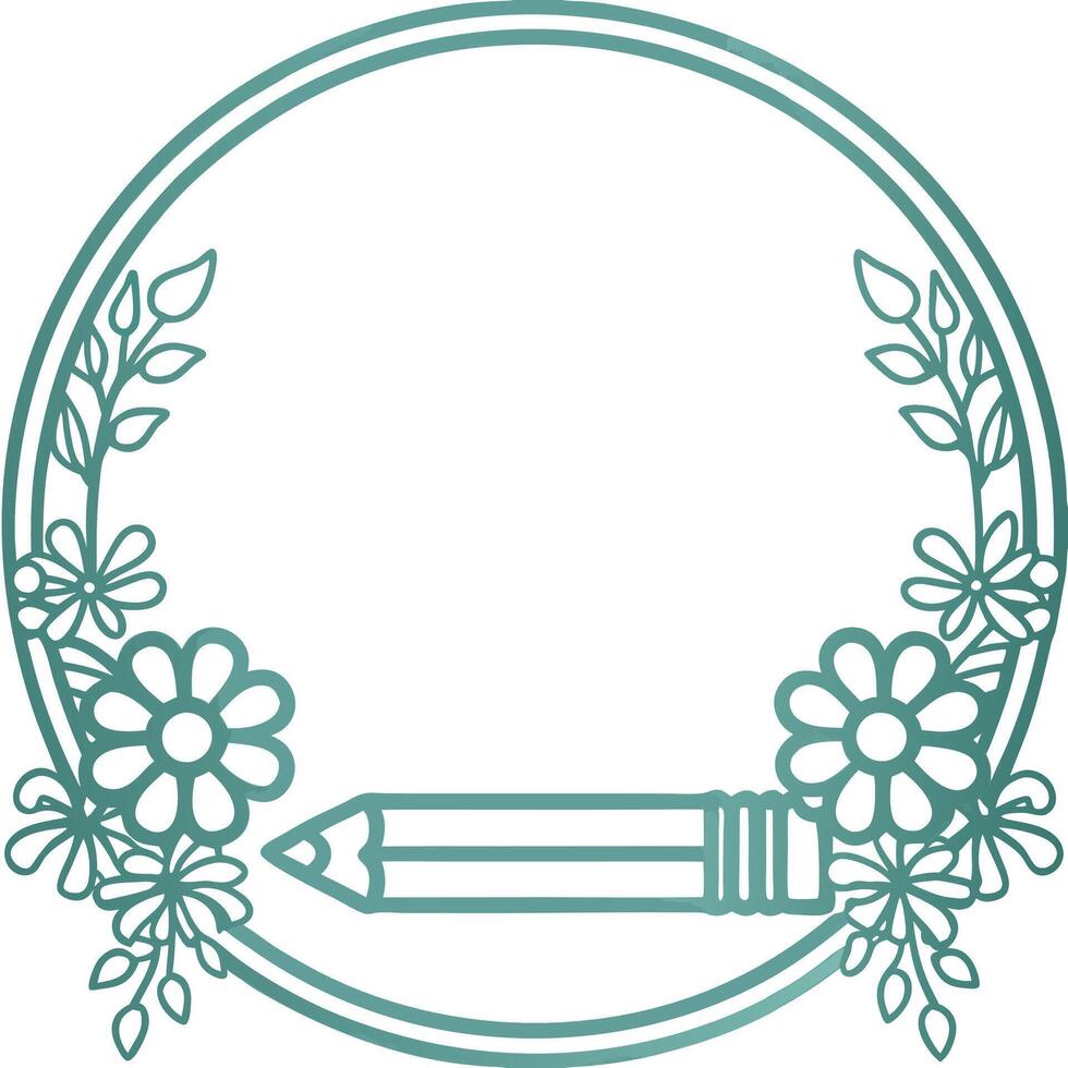 Circular frame teal outline pencil design floral art vector