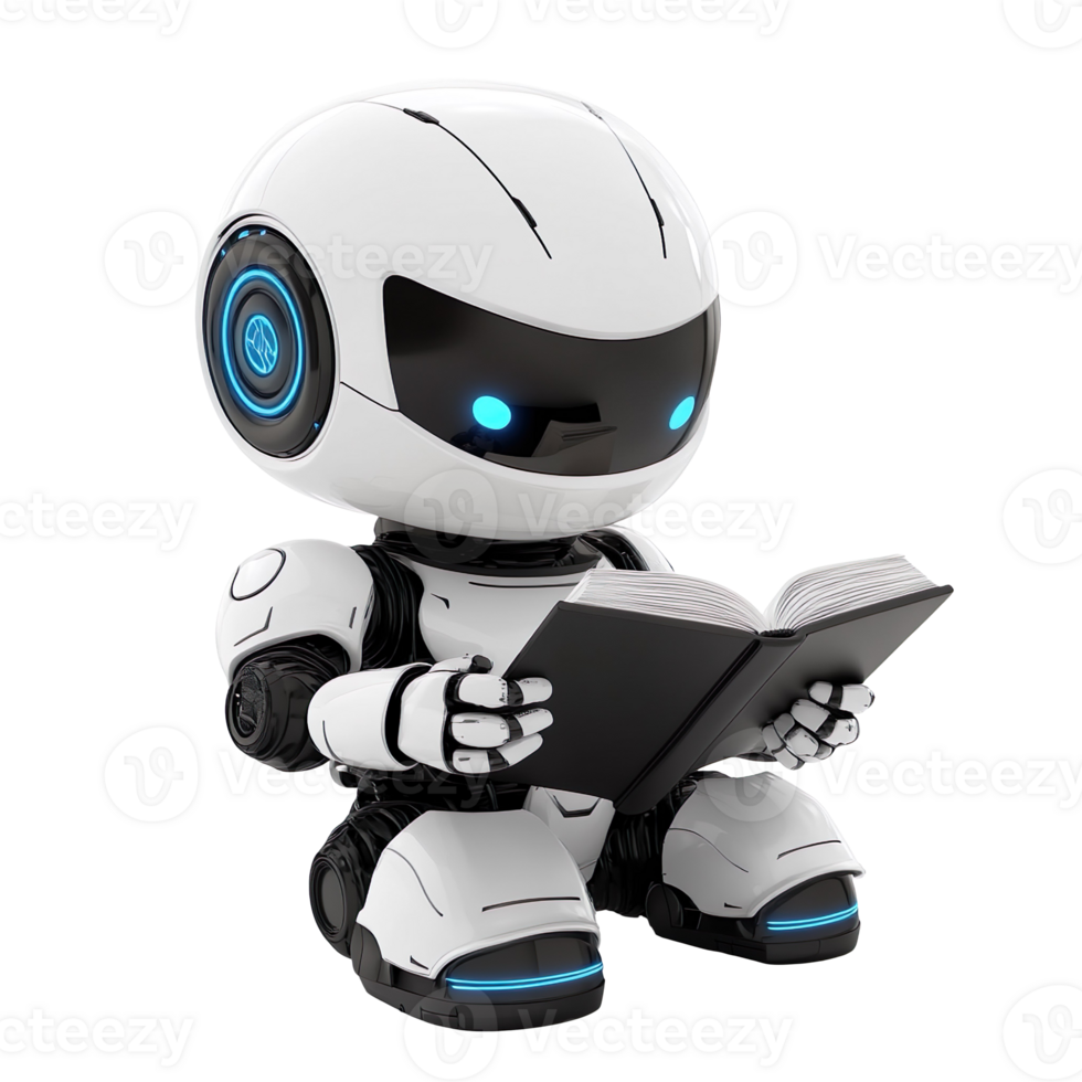 Cute friendly robot reading a book 3d illustration isolated on transparent background png
