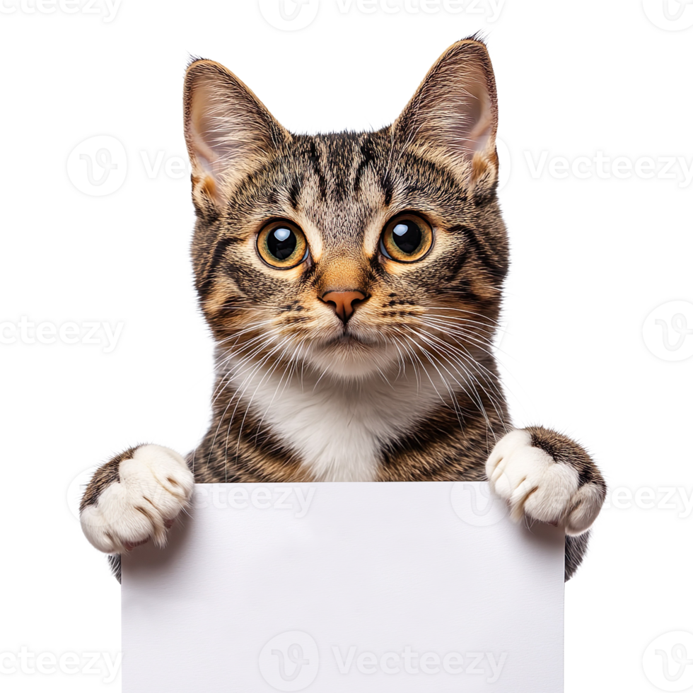 cute cat holding blank sign isolated on transparent background png