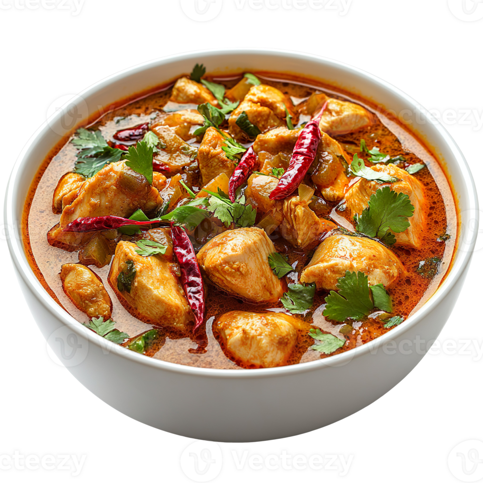 Delicious Chicken Curry in White Bowl isolated on transparent background png