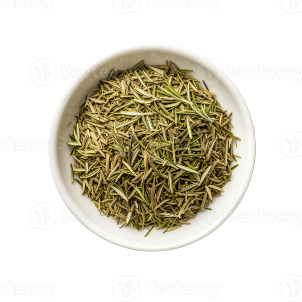 Dried rosemary on white bowl top view isolated on transparent background png