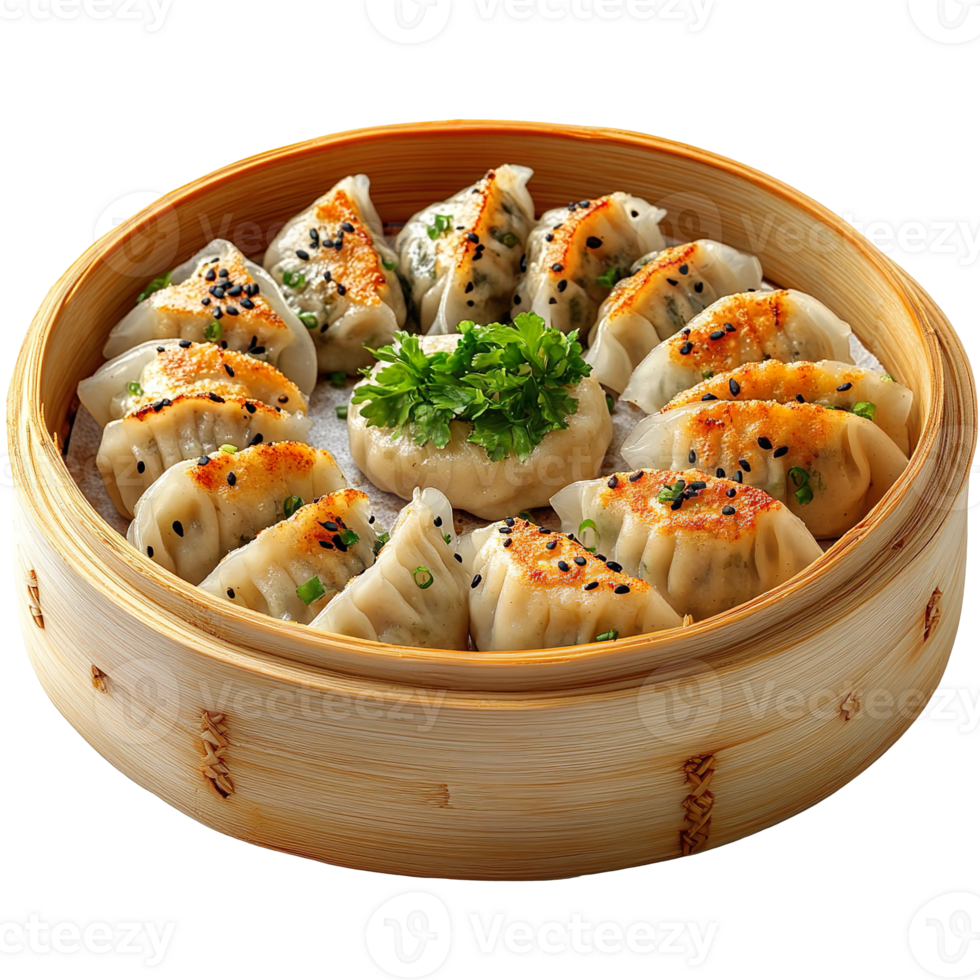 dumplings in a wooden container with vegetables isolated on transparent background png